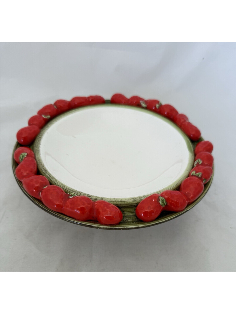 Vintage Lefton Footed Strawberry Compote Bowl Dish Red Green Creme